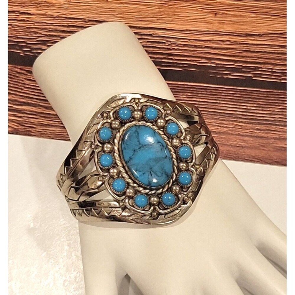 BELL TRADING POST Nickle Silver Faux Turquoise Cuff Bracelet Fred Harvey Era VTG